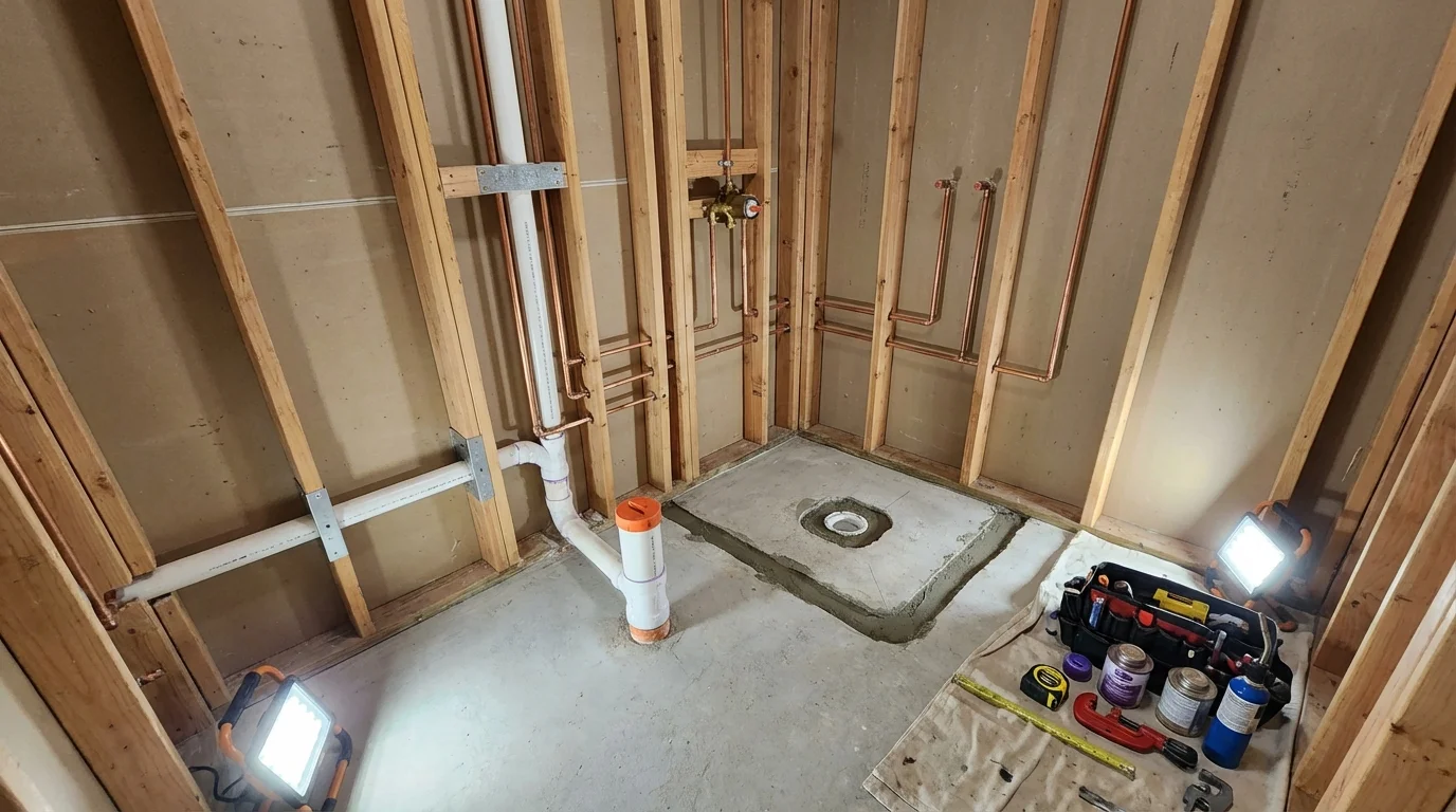 Bathroom rough-in plumbing during remodel by Johns Plumbing LLC in Palo