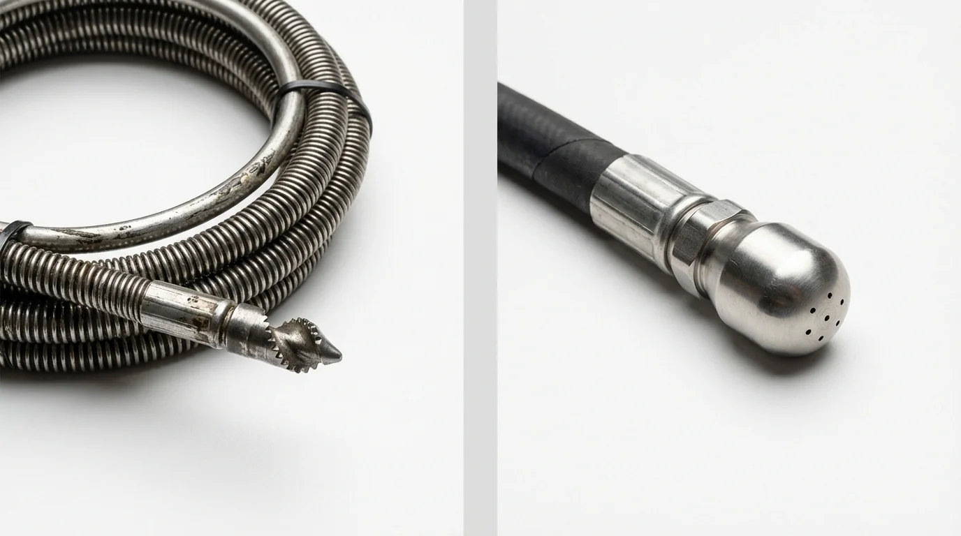 Drain snake cable and hydro jetting nozzle used for drain cleaning in Palo, IA