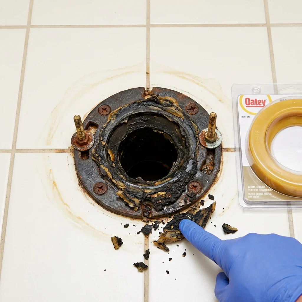 Failed wax ring showing water seepage at the base of a toilet in a Palo, IA home