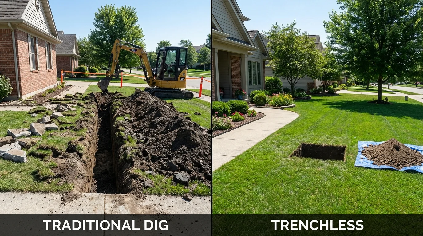 Trenchless sewer repair with minimal yard damage versus traditional excavation in Palo, IA
