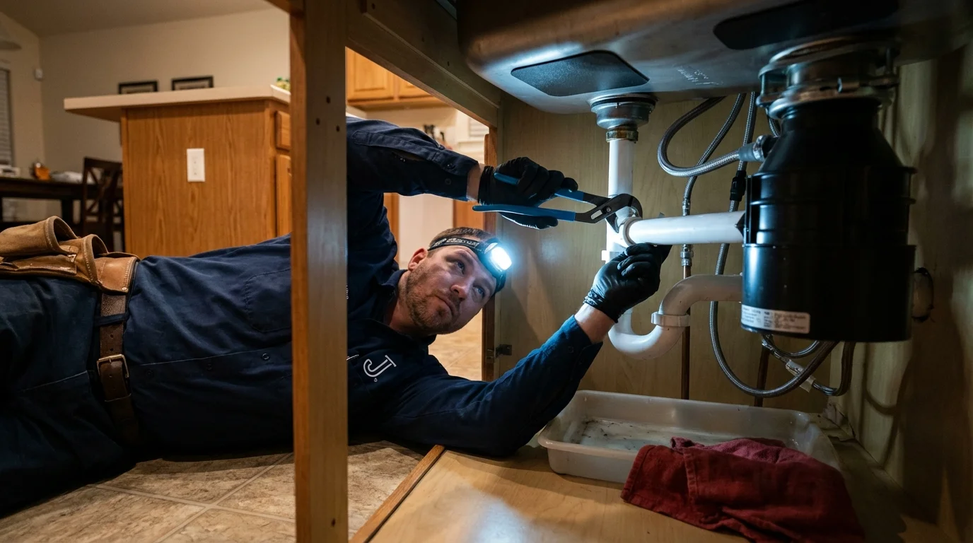 P-trap and supply line connections under a kitchen sink showing a common leak point in Palo, IA